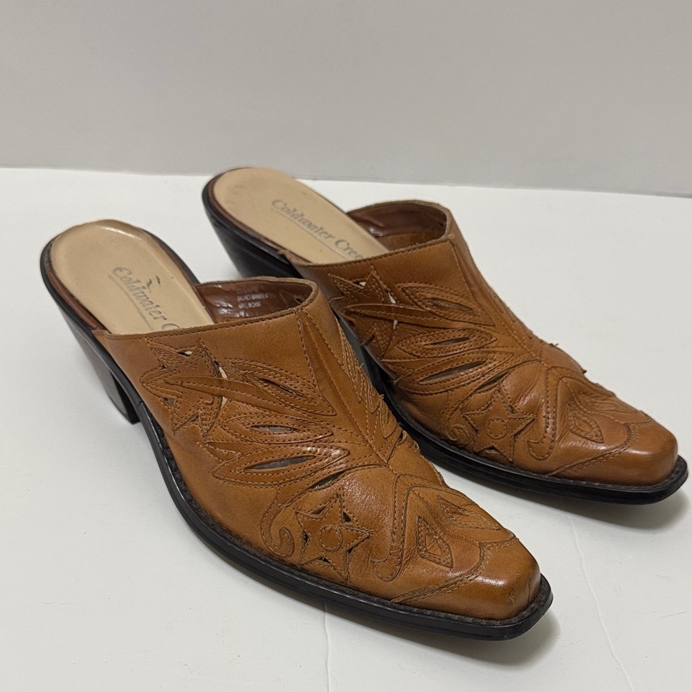 Coldwater Creek Tan Leather Embroidered Slip-On Mules